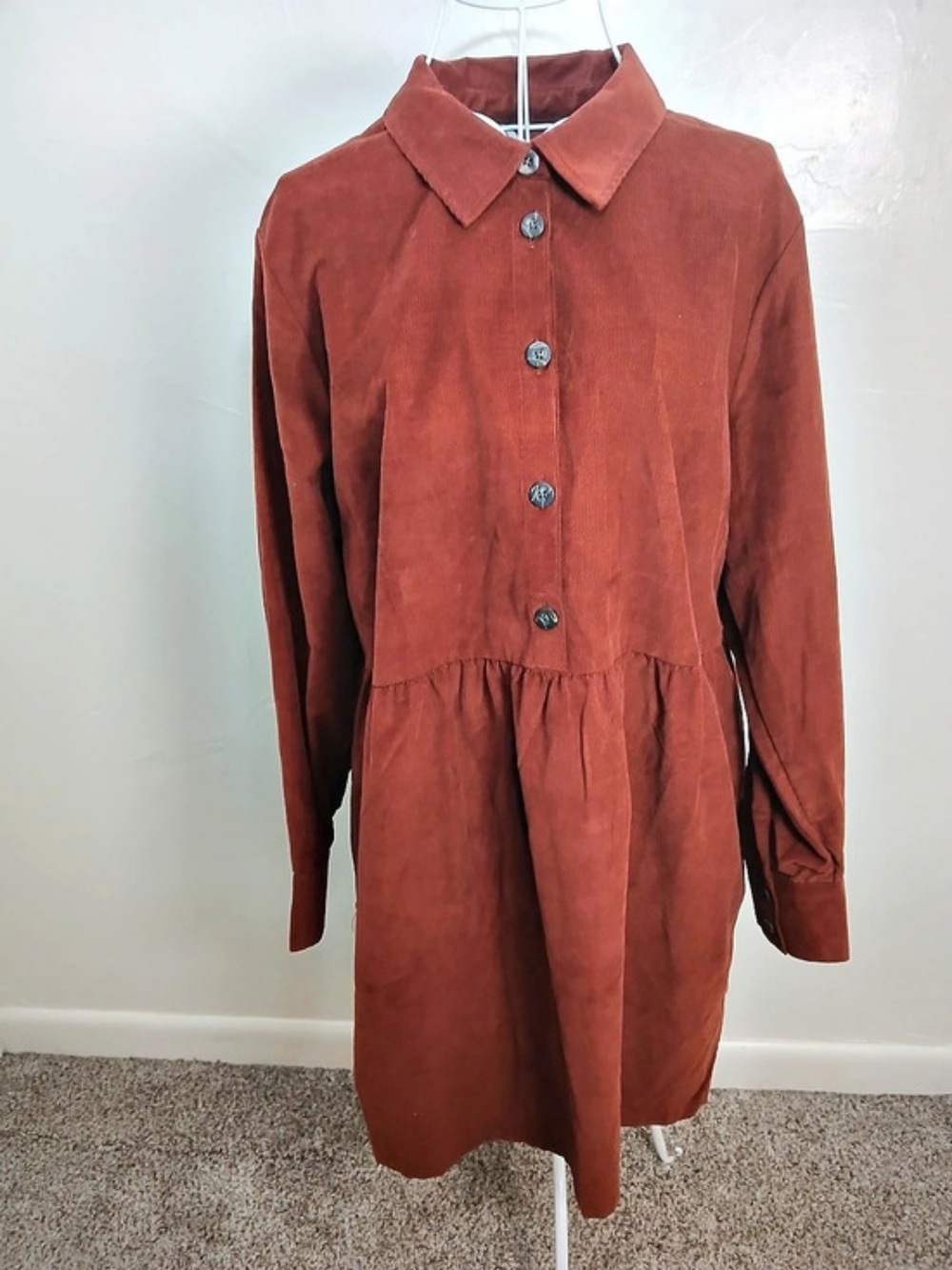 Nine West Corduroy Textured Collared Shirt Dress in Burnt Henna Size Large NWT
